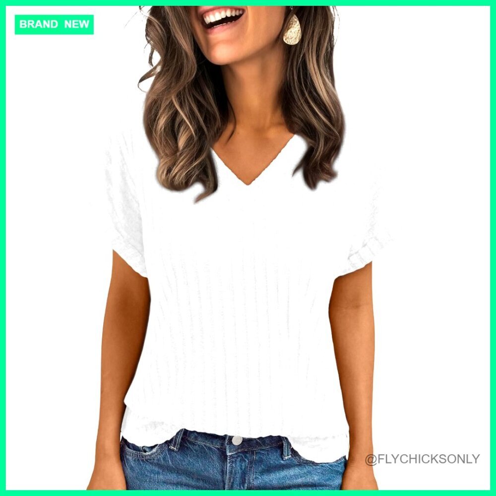 V-Neck Tunic Top Short Sleeve Blouse Lightweight Polyester Rayon Blend